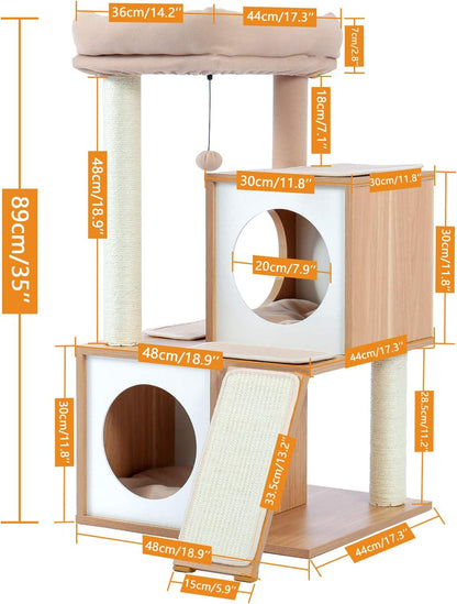 35" Modern Cat Tower Dual Condos, Wooden Cat Tree Large Cats | Modern Cat Tree with Sleek Wood, Large Scratcher Ramp and Sisal Posts for Indoor Cats,Heavy Duty Base for Large Cats
